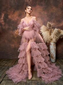 Elegante vestido de maternidad con hombros descubiertos y falda de tul con volantes para baby showers y ocasiones formales | Vestidos de invitada de boda, atuendo de gala, conjunto para almuerzo nupcial, vestido de ceremonia de noche, vestido para evento de té, vestido para sesión de fotos de maternidad