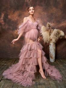 Elegante vestido de maternidad con hombros descubiertos y falda de tul con volantes para baby showers y ocasiones formales | Vestidos de invitada de boda, atuendo de gala, conjunto para almuerzo nupcial, vestido de ceremonia de noche, vestido para evento de té, vestido para sesión de fotos de maternidad