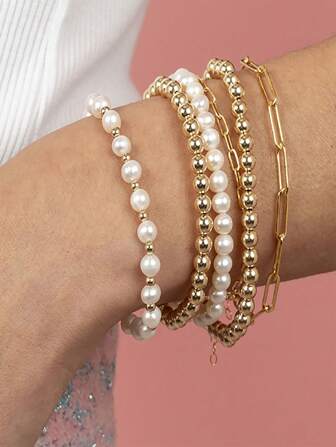 5/6pcs Set Of Gold Bracelets With Stacked Pearl Bracelets For Women And Girls, Gold-Plated Elastic Bead Ball Bracelet Set, Holiday Birthday Gift Jewelry
