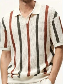 tooluck Plus Size Men's Knit Polo Shirts Short Sleeve Vintage Striped Casual Polo Classic Collared T Shirt - 卡其色 - 查看 4