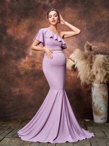 Faeriesty Dressalisa Maternity Ruffle Trim Crop Top & Mermaid Hem Skirt Two Pieces Set - Lilac Purple - View 6