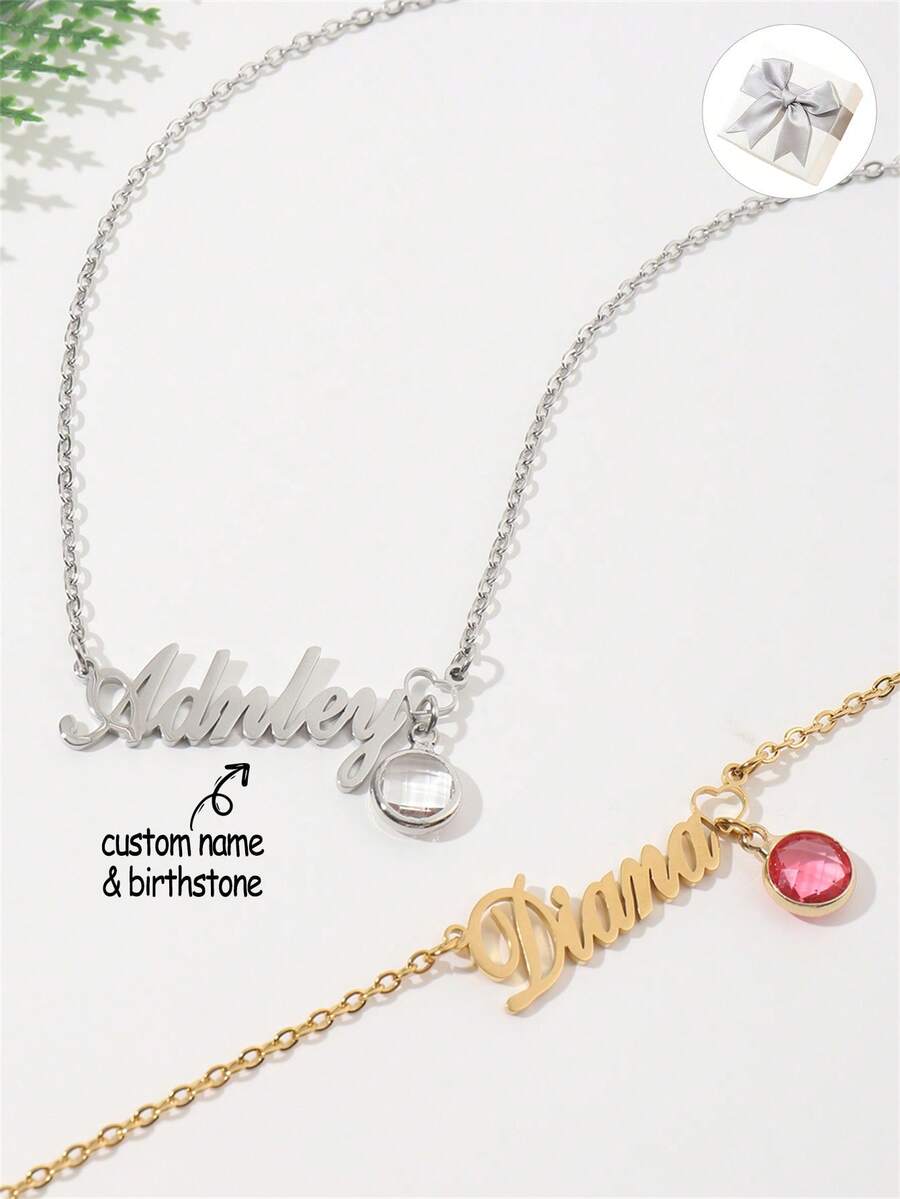 1 件定制名字项链，带诞生石，个性化名字项链，适合日常佩戴，生日吊坠礼物，送给女性，送给朋友的独特礼物，圣诞节/派对礼物，送给她的周年纪念礼物 - 銀色 - 查看 1