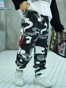 Young Boy Black & White Camouflage Multi-Pocket Cargo Pants, Summer - Black and White - View 5