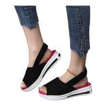 Sandalias de Cuña Media con Punta Abierta Básica Para Mujer, Sandalias de Punta Abierta Para Mujer Zapatos Zapatillas de Deporte Cuñas de Moda Para Mujer Alpargatas Zapatos Deportivos de Verano,Negro Azul Rosa Rojo - Negro - Ver 2