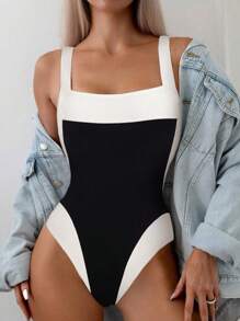 Bikinx Women's Leisure One-Piece Swimsuit With Color Block Spaghetti Strap Vest Design Summer - Black and White - View 1