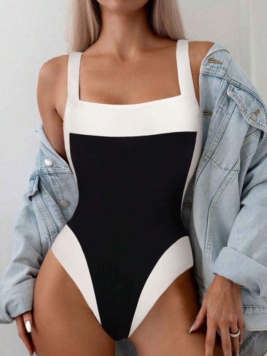 Bikinx Women's Leisure One-Piece Swimsuit With Color Block Spaghetti Strap Vest Design Summer - Black and White - View 1
