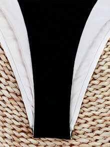 Bikinx Women's Leisure One-Piece Swimsuit With Color Block Spaghetti Strap Vest Design Summer - Black and White - View 4