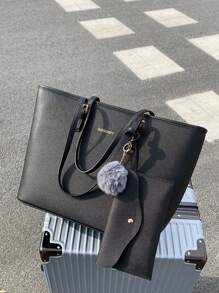 Fashionable Minimalist Style Tote Bag With Pendant & Pom-Pom Ball, 2pcs/Set, Large Capacity