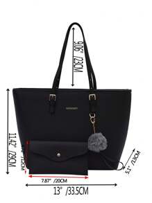 Fashionable Minimalist Style Tote Bag With Pendant & Pom-Pom Ball, 2pcs/Set, Large Capacity