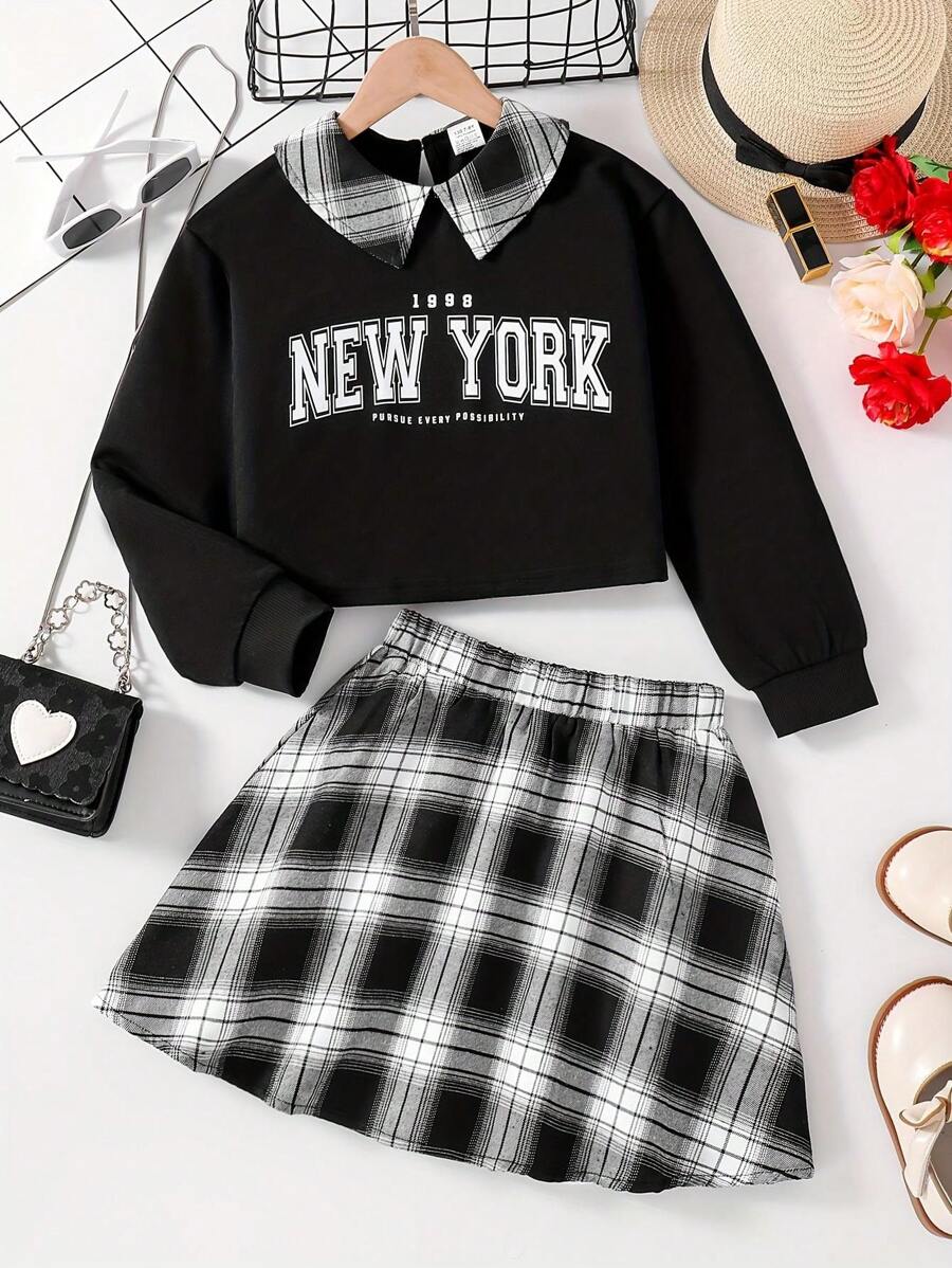 Tween Girl 2 件套时尚字母印花翻领针织长袖上衣 + 松紧腰格子裙套装，春秋季，Tween Girl 休闲运动户外服装
