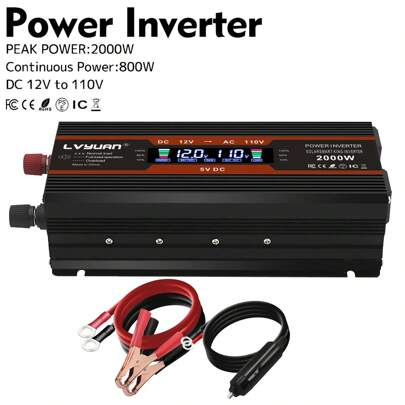 1X 800W/2000W(Peak) Black Car Power Inverter 12V To 110V AC Converter With LCD Display Dual AC Outlets And Dual USB Car Charger For Car Home Laptop Truck