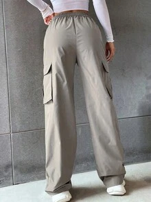 Pantalones de mujer Pantalones anchos rectos de cintura alta holgados con bolsillos Pantalones de moda versátiles - Gris Claro - Ver 3
