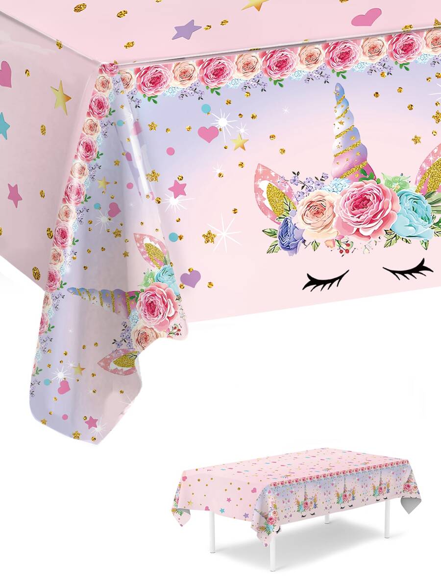 1pc 130*220cm Pink Unicorn Pattern Disposable Tablecloth, Suitable For Parties, Gender Reveal Parties, Birthday Parties, Home Decor, Birthday Decor, Outdoor Picnics, Back To School, Valentine's Day And Other Occasions