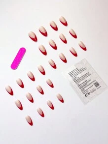 24 件/套浓郁浆果红和法国杏仁时尚设计全覆盖假指甲适合女性和女孩的日常生活和派对，含 1 件果冻胶和 1 件指甲锉按压指甲美甲用品指甲 - 紅色 - 查看 2