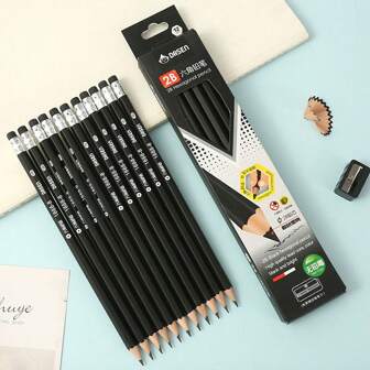 12 lápices negros 2B con borrador y 1 sacapuntas, dedicados para el aprendizaje y los exámenes de los estudiantes, set de útiles escolares de lápices, pequeño regalo de recompensa para vacaciones, artículos de oficina esenciales, artículos escolares para volver a la escuela para estudiantes