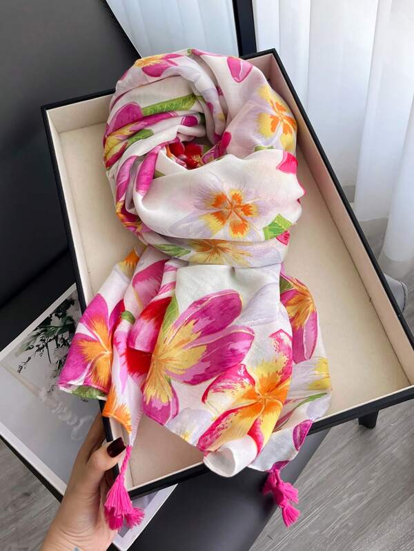 1 pièce Élégant foulard long en lin à imprimé plante et floral, étole polyvalente pour femme, châle, accessoire de mode, étole de protection solaire pour la plage