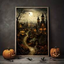 1pc Old Village With Pumpkins, Castle Landscape Halloween Countryside Print, Farmhouse Dark Academia, Cottage Decor, Vintage Poster, Gothic Canvas Painting, Gothic Halloween Decor, No Frame - Multicolor - View 1