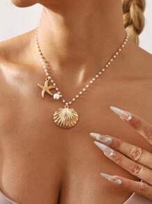 1 pieza Collar colgante con concha de estrella de mar y perlas falsas estilo Ocean INS - caparazón - Ver 6