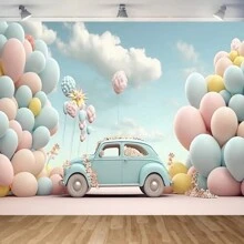 1 pieza Material de fondo fotográfico de paño de temática de cumpleaños de primer año del coche con globos coloridos