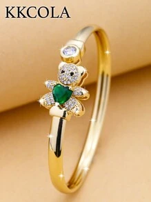 KKCOLA 1 件时尚可爱绿熊锆石开口袖口手链，送给爱人、母亲的珠宝礼物，日常搭配的流行配饰