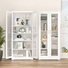 Polup 71-Inch Tall Metal Display Cabinet With Glass Doors, Black And White, Adjustable Shelves, Gold Handles, Lockable Storage Cabinet For Living Room, Kitchen, Home, Office - Assembly Required - White - View 4