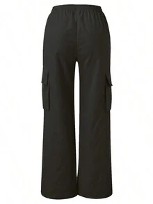 Pantalones de mujer Pantalones anchos rectos de cintura alta holgados con bolsillos Pantalones de moda versátiles - Negro - Ver 5
