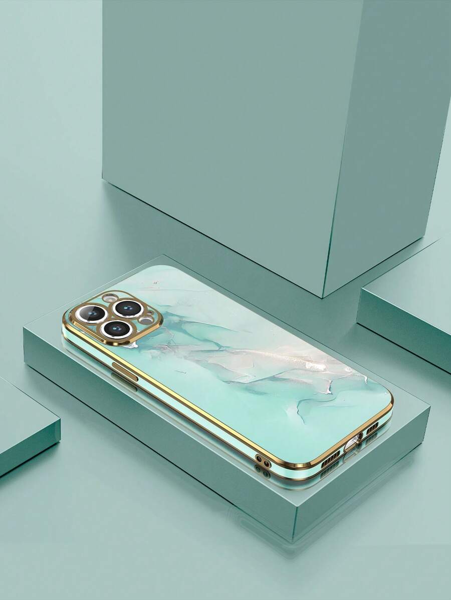 1pc 6D Electroplated Green Marble Texture Pattern Shockproof Phone Case Compatible With Apple/Android Phones, With Lanyard - Multicolor - View 1