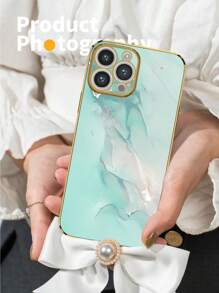 1pc 6D Electroplated Green Marble Texture Pattern Shockproof Phone Case Compatible With Apple/Android Phones, With Lanyard - Multicolor - View 3