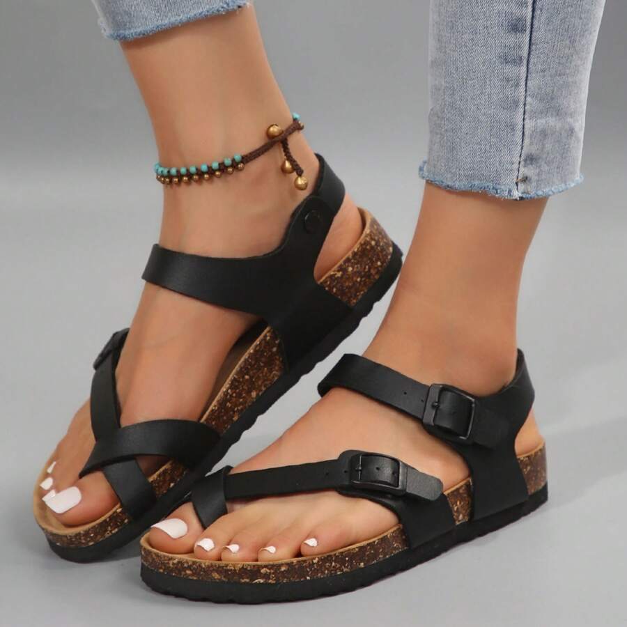 Women's Casual Fashion Adjustable Buckle Comfort Sandals,Cork Insole Sport Memory Foam Cushioning Anti-Slip Orthopedic Sandal Slippers - 黑色 - 查看 1