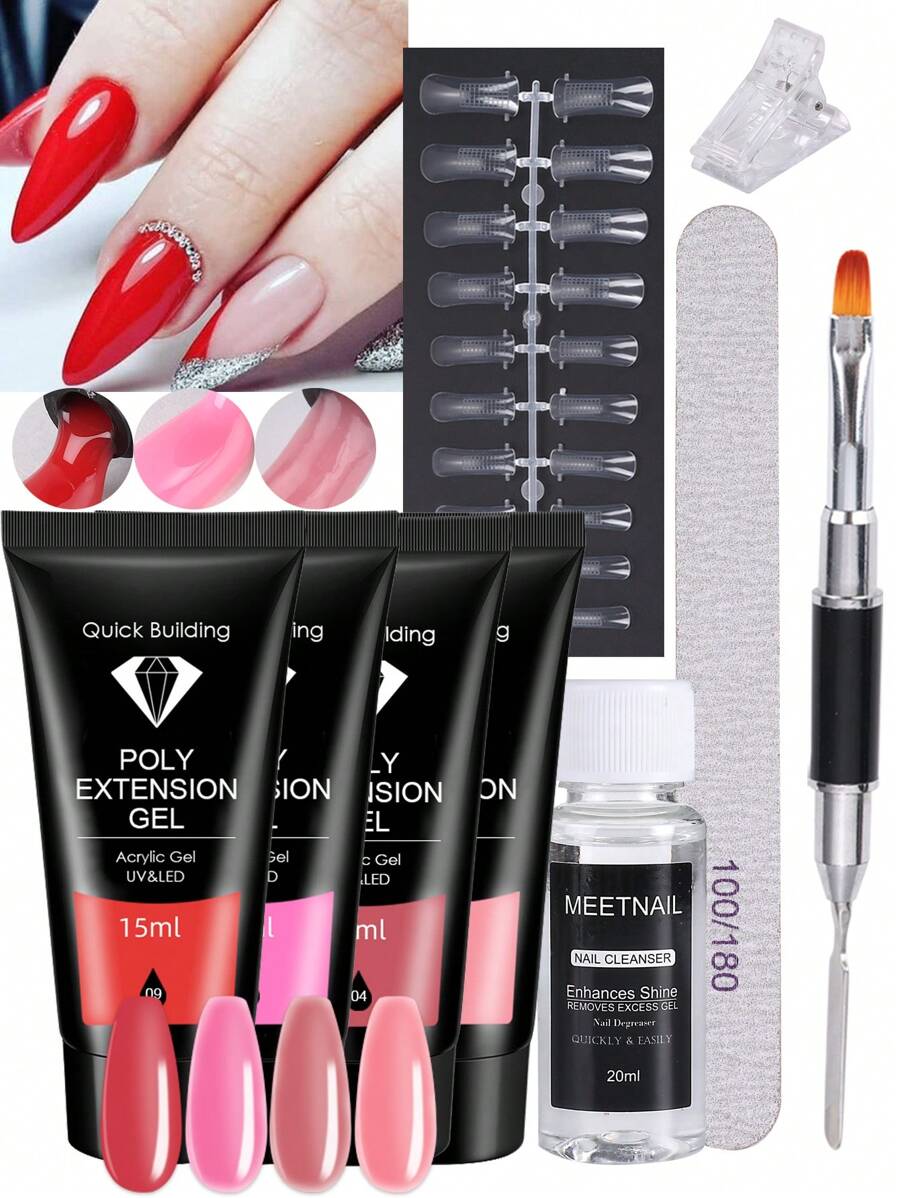 9入組聚合物指甲凝膠套件入門套裝,15毫升紅粉色水晶丙烯酸凝膠,配有指甲模板,刷子,夾子和滑動溶液,適用於初學者,專業法式設計diy美甲工具,銷售禮品,適用於家庭使用。 - 彩色 - 查看 1