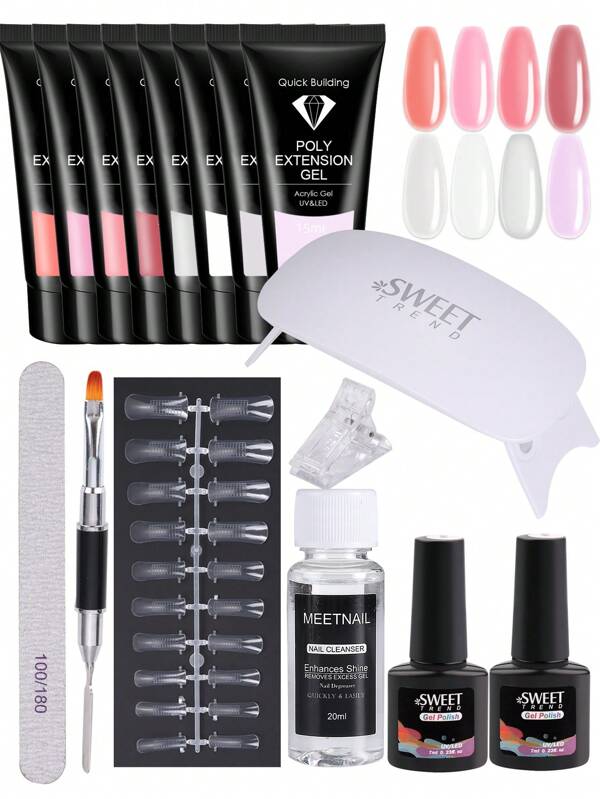16pcs Poly Extention Nail Gel Set,15ml Acrylic Gel Kits Quick Building Hard Gel 6W Mini UV Lamp Base &Top Coat Nail Form Brush Slip Solution Nail File Nail Art Tools