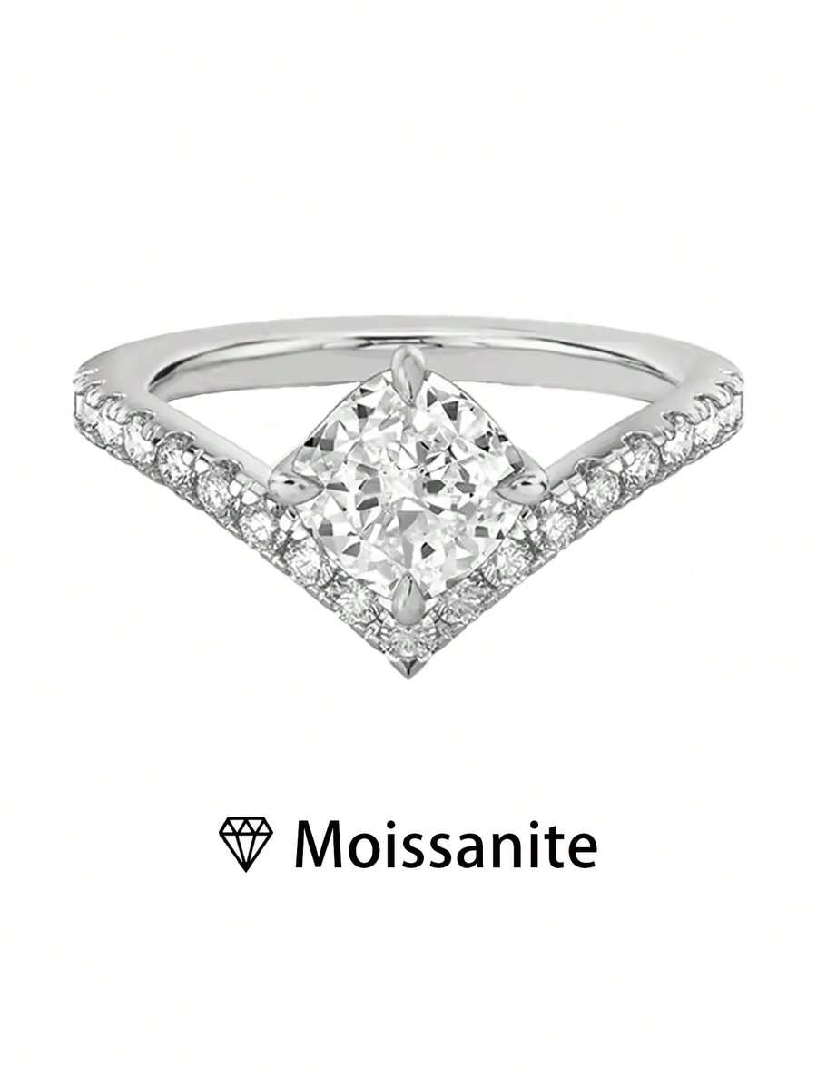 1 Nhẫn đơn nữ chất lượng cao Nhẫn kim cương vuông hình chữ V, Bạc 925 nguyên chất 2,6g, Moissanite cắt công chúa 1ct, Trang sức sang trọng theo phong cách cung điện, Lễ đính hôn, Cầu hôn, Quà kỷ niệm, Đi kèm với Giấy chứng nhận Moissanite và Hộp quà tinh tế - Bạc - Xem 1