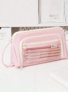 1pc Large Capacity Clear Macaron Portable Transparent Stationery Pen Bag, Fabric Convenient Multi-Layer Desktop Stationery Storage Bag, Can Be Used To Store Pen Ruler Notes, Etc., Campus Series Zipper Large Opening Multi-Functional Pencil Case Cosmetics Storage Bag,Pencil Pouch,School Bag