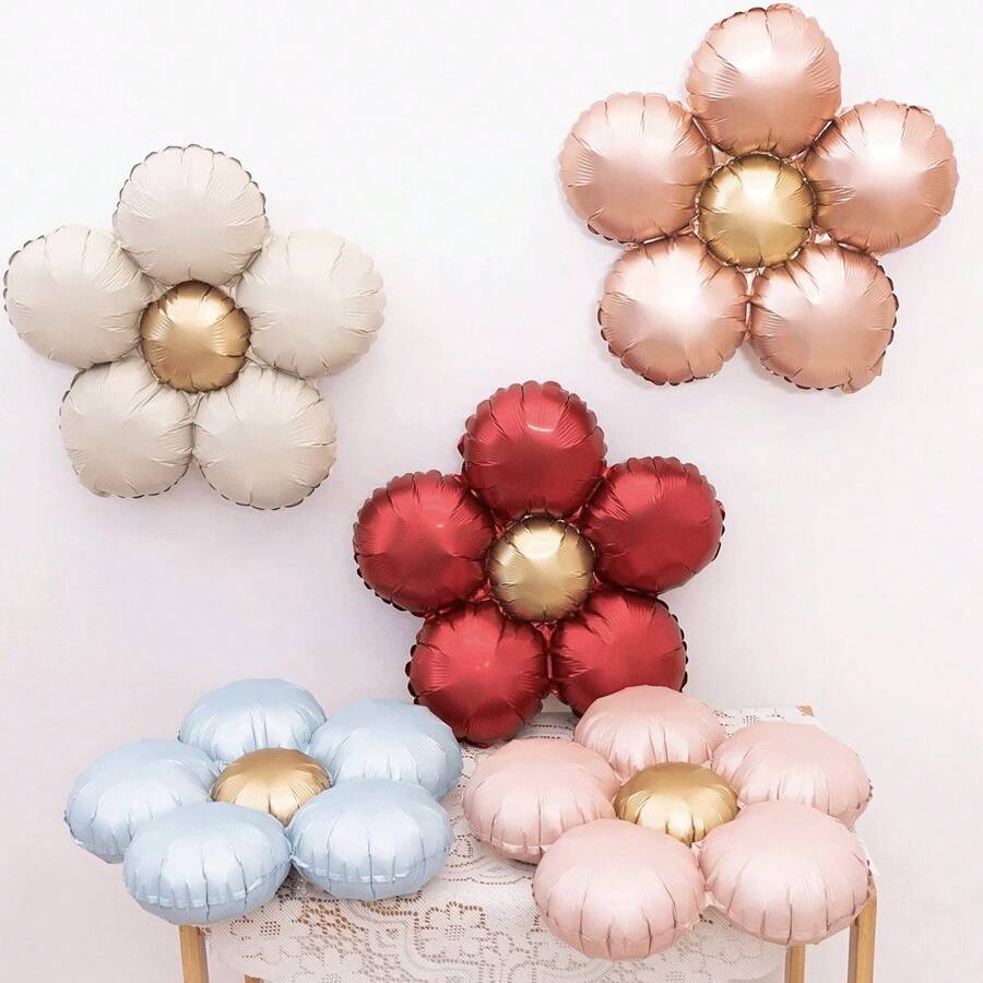5pcs Matte Finish 5-Petal Flower Shaped Aluminum Foil Balloons, Retro Color Floral Birthday Party Decoration, Christmas
