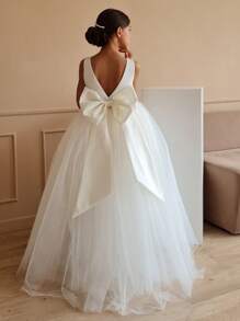 Vestido de fiesta de princesa con cuello en V y moño para niña preadolescente, adecuado para fiesta de cumpleaños, regalo del Día de San Valentín, vestido de dama de flores para bodas, disfraz para cosplay, baile de disfraces y celebración de festivales
