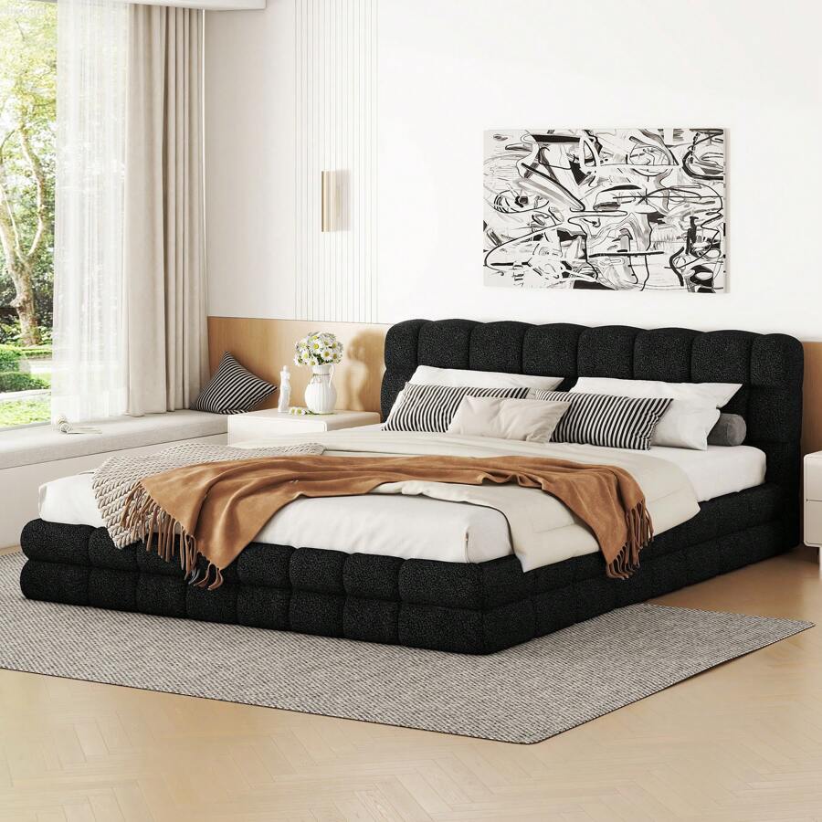 MERAX Queen Size Upholstered Platform Bed With Thick Fabric, Grounded Bed With Solid Frame - Black - View 1