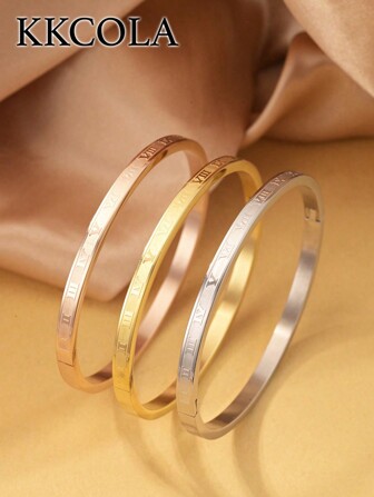 KKCOLA 3入組/套時尚不銹鋼羅馬數字細節手鐲適合女士適用於禮品