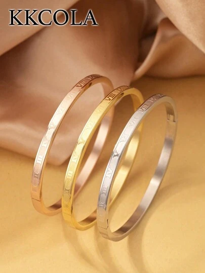 KKCOLA 3入組/套時尚不銹鋼羅馬數字細節手鐲適合女士適用於禮品