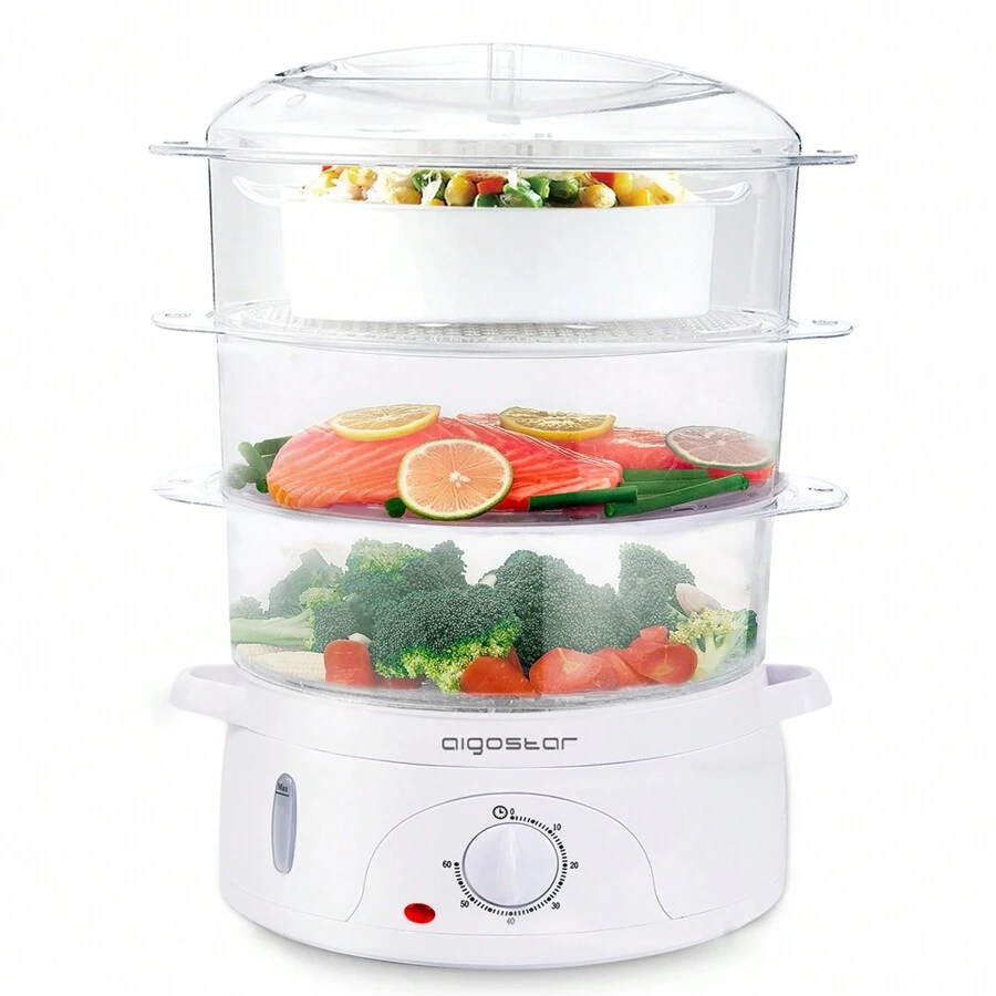 Aigostar 3 Tier Food Steamer, Electric Vegetable Steamer With Rice Bowl, Refill While Steaming, 9 Litre, 60 Minute Timer, 800W, White - UK Plug(220-240V) - View 1