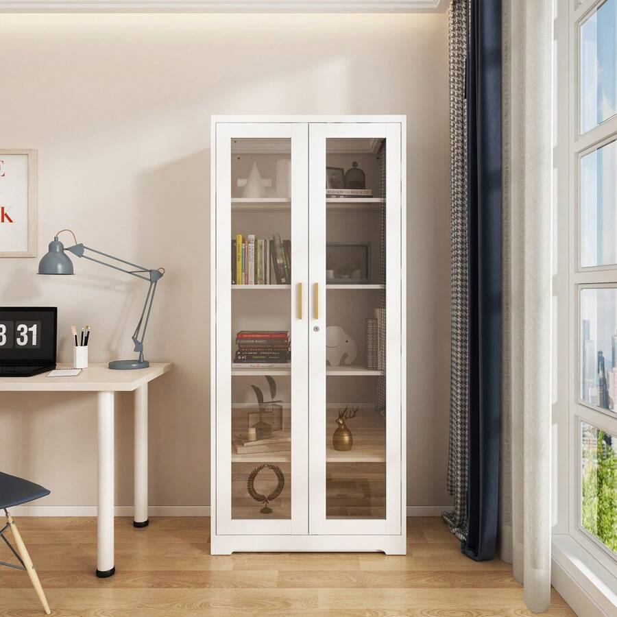 Polup 71-Inch Tall Metal Display Cabinet With Glass Doors, Black And White, Adjustable Shelves, Gold Handles, Lockable Storage Cabinet For Living Room, Kitchen, Home, Office - Assembly Required