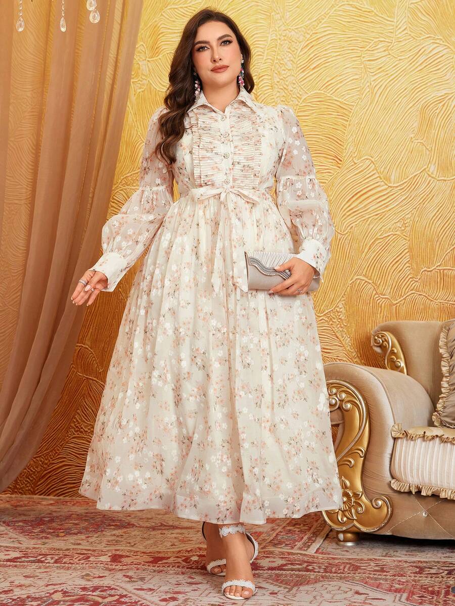 SUPGIR 碎花束腰连衣裙 - 杏色 - 查看 1