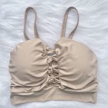 WO  Cropped feminino com gravata curta e mangas cruzadas, moda verão 2023, recursos elásticos - Bege - Visão 1