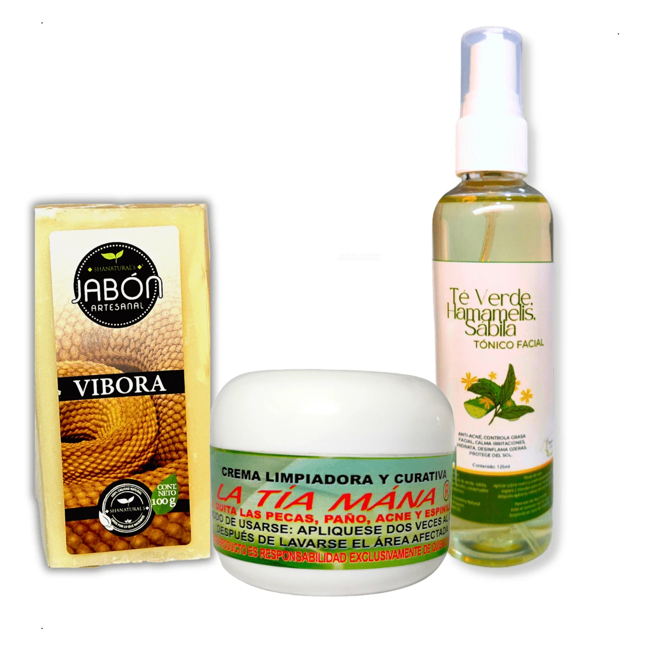 KIT Crema Tía Mana, Tónico Facial Té Verde Hamamelis Sábila, Jabón de Víbora Cascabel. Anti-acné, Antimanchas, Granos, Hidratante. - Verde - Ver 1