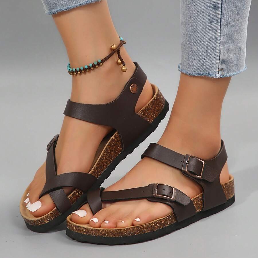 Women's Casual Fashion Adjustable Buckle Comfort Sandals,Cork Insole Sport Memory Foam Cushioning Anti-Slip Orthopedic Sandal Slippers - 棕色 - 查看 1