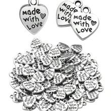 20 pièces/50 pièces/100 pièces Étiquettes pendentifs en forme de cœur plaqué argent avec inscription "Made With Love" pour la fabrication de bijoux DIY