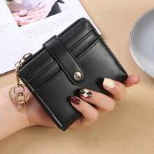 Women's New Simple Buckle Wallet With Keychain, Bifold Coin Purse, Multifunctional Card Holder, Credit Card Wallet With Multiple Card Slots - Black - View 2