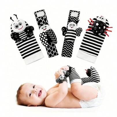 高对比度婴儿腕摇铃和脚部定位袜套装 - 促进感官探索和协调能力发展的里程碑玩具，适合0-12个月宝宝，男女通用，黑白图案，激发宝宝感官发育