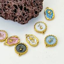 5 Stück 304 Edelstahl 18 Karat vergoldete Emaille Öltropfen Rose Tulpe runde asymmetrische Anhänger Charms, Alltagsschmuck Frauengeschenk DIY Schmuckzubehör Anhänger Charms Valentinstag - Anhänger - Übersicht 5
