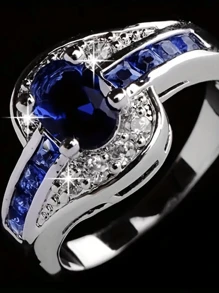 Anillo de banda de zirconia azul ovalado, anillo de boda elegante súper brillante, decoración de joyas