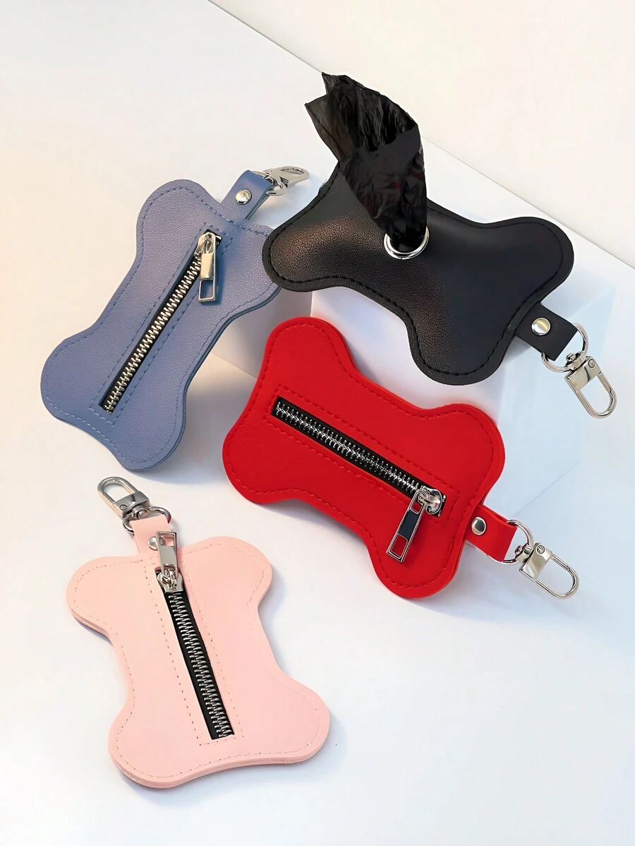 1 件皮革宠物垃圾袋分配器，骨头形户外遛狗便便袋架 - 彩色 - 查看 1